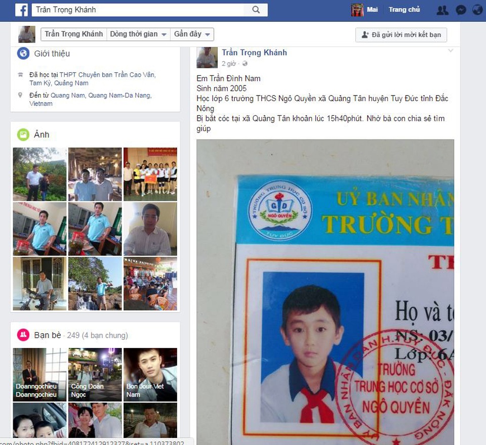 Bác bỏ thông tin ba học sinh bị bắt cóc giữa ban ngày - 1
Tài khoản Facebook mang tên Trần Trọng Khánh chia sẻ thông tin con trai bị bắt cóc