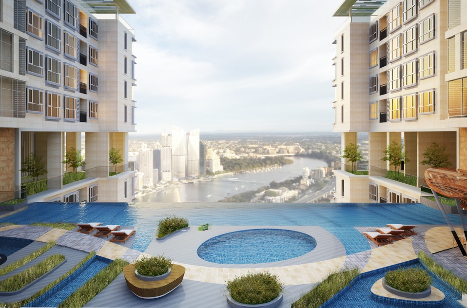 Hồ bơi 500m2 điều chỉnh nhiệt độ theo mùa nằm trên cao phục vụ cho cư dân