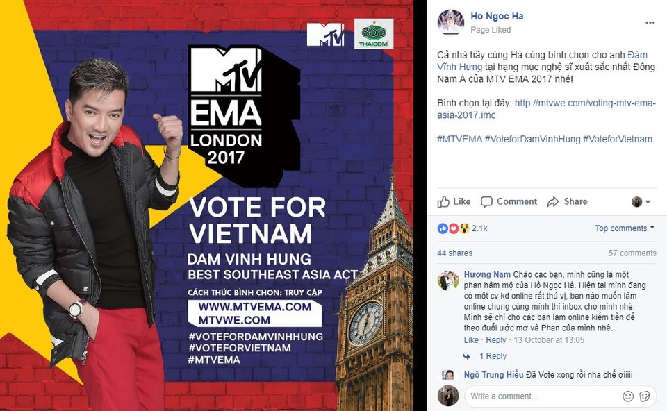 Thí sinh Việt Nam trượt giải Best Southest Asian Act tại MTV EMA 2017 vì nhầm thời gian - 1 Hồ Ngọc Hà kêu gọi vote cho Đàm Vĩnh Hưng tại MTV EMA 2017.