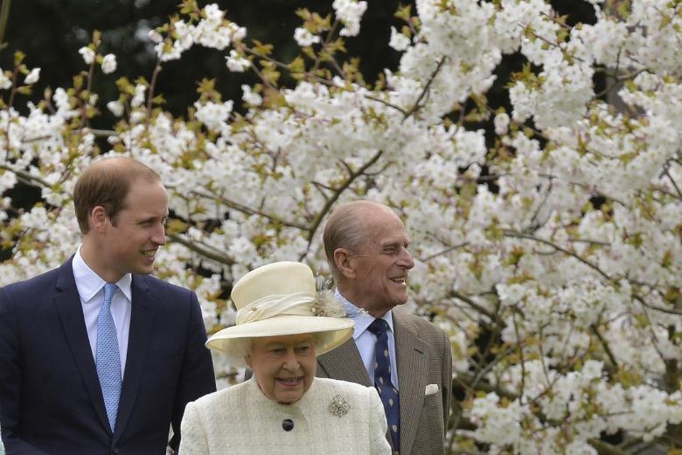 Những hình ảnh đẹp của phu quân Nữ hoàng Anh trước khi về hưu - 15 Nữ hoàng Elizabeth và Hoàng thân Philip đi bộ cùng cháu nội, Hoàng tử William, giữa một vườn hoa ở Windsor, phía nam nước Anh năm 2014.