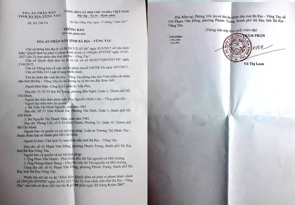 TAND tỉnh Bà Rịa - Vũng Tàu vừa có thông báo về việc hoãn phiên tòa khởi kiện quyết định xử phạt vi phạm hành chính của UBND tỉnh Bà Rịa - Vũng Tàu.