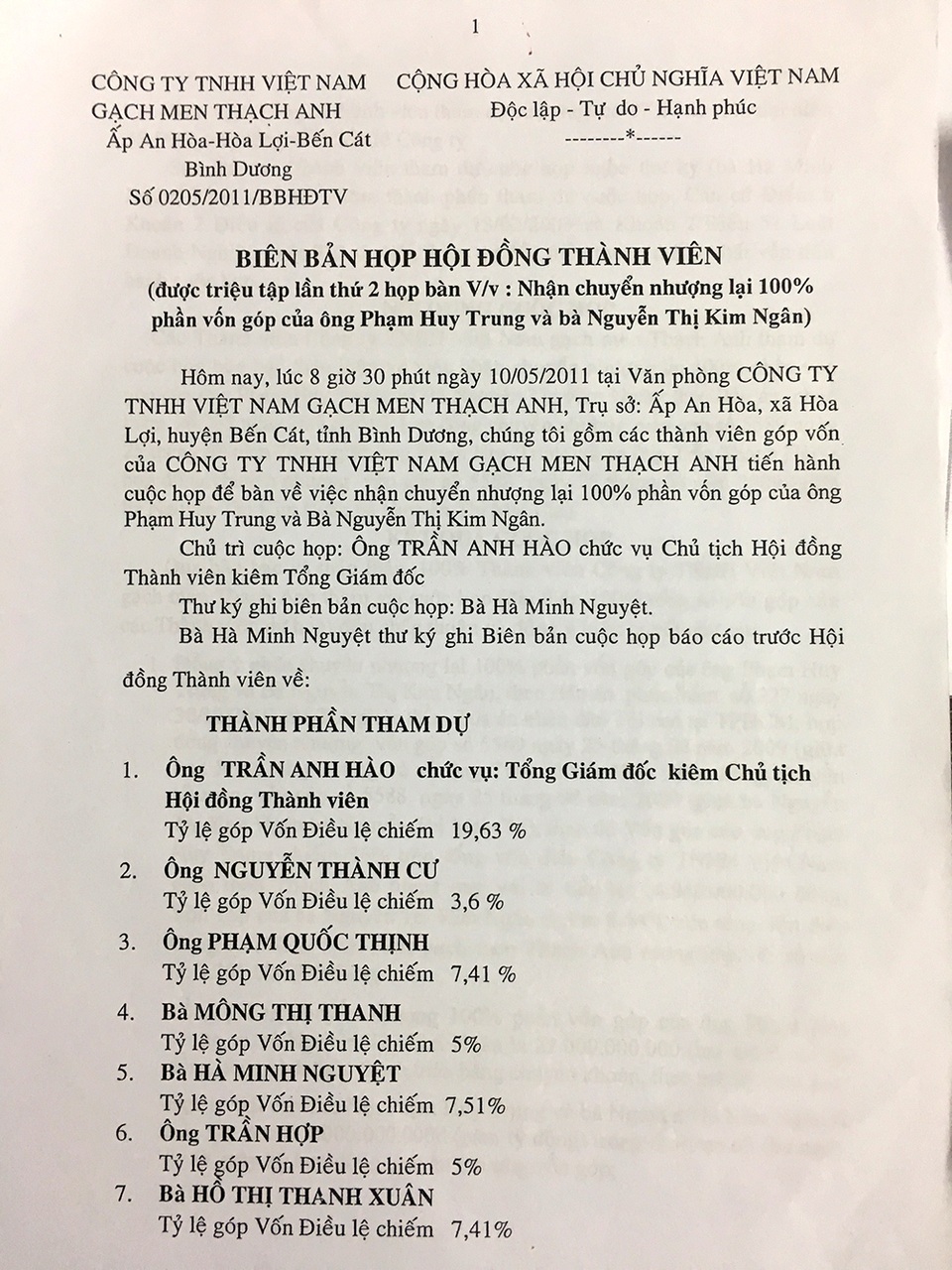 Bình Dương: Dàn cảnh “cướp” con dấu, chiếm đoạt công ty? - 3 Theo như Biên bản họp hội đồng thành viên ngày 10/5/2011, sau khi việc chuyển nhượng được hoàn tất theo thủ tục luật định thì ông Cư phải có nghĩa vụ chuyển nhượng lại toàn bộ phần vốn góp đó cho các thành viên của Cty gạch men Vicera theo tỷ lệ góp vốn của từng thành viên.