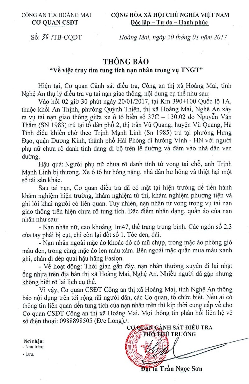 Chưa xác minh được nhân thân người phụ nữ tử nạn cách đây nửa tháng - 1
Cơ quan cảnh sát điều tra CA thị xã Hoàng Mai ra thông báo truy tìm tung tích nạn nhân chết trên quốc lộ 1A vào ngày 20/1.