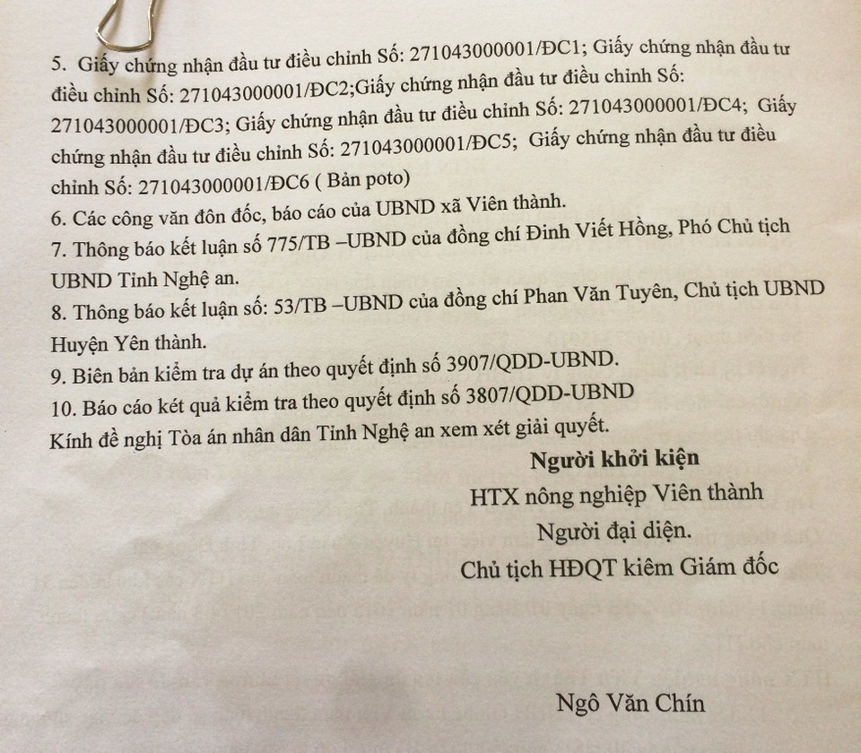 Dự án trồng chuối 4 triệu USD: “Thiên nga hóa thành vịt trời”! - 5 Đơn khởi kiện của HTX nông nghiệp Viên Thành.