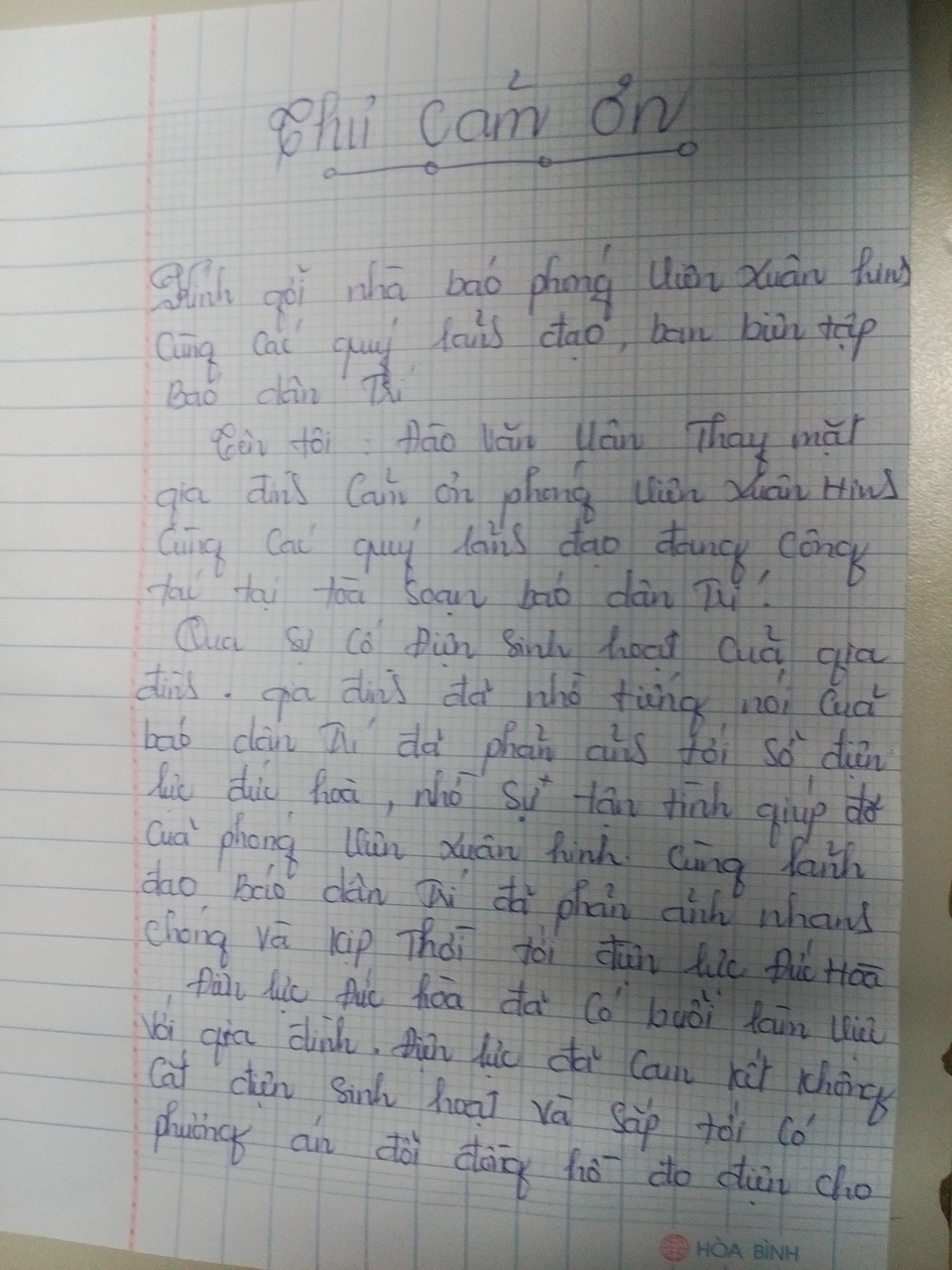 
 Thư cảm ơn của ông Đào Văn Uân.
