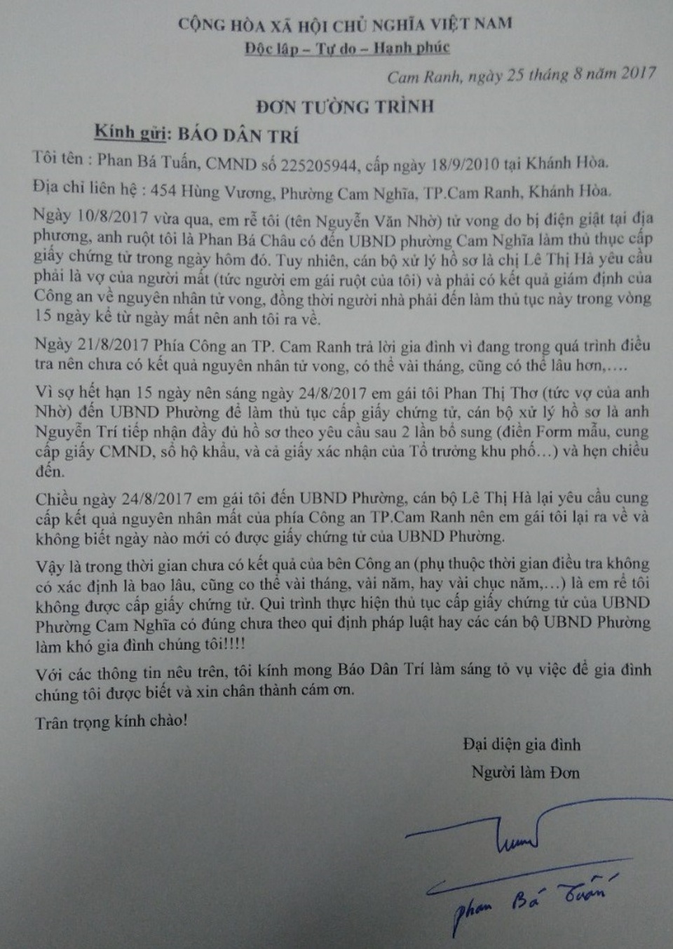 Chồng chết đột ngột, vợ than bị "làm khó" khi đi chứng tử - 2
Đơn trình bày của ông Phan Bá Tuấn, anh trai chị Thơ, gửi đến báo Dân trí trình bày sự việc
