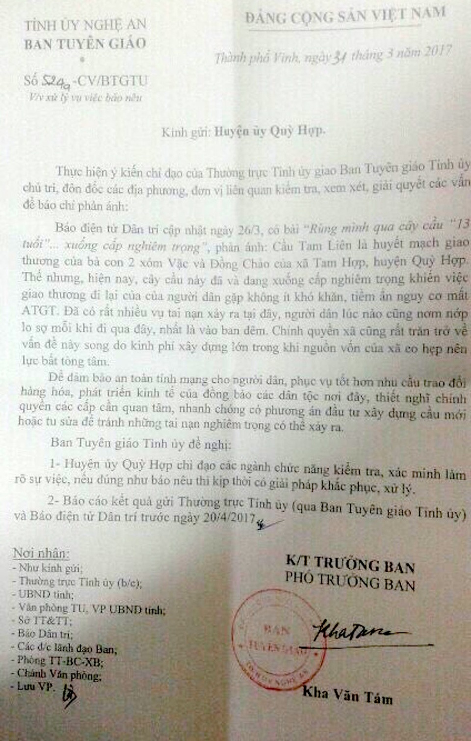 Công văn Ban Tuyên giáo Tỉnh uỷ gửi Báo Dân trí và UBND huyện Quỳ Hợp.