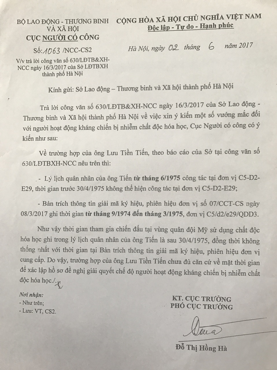 Nước mắt và niềm hy vọng của người cựu chiến binh sau 13 năm mòn mỏi chờ chế độ! - 1 
Công văn trả lời của Cục Người có công cho biết trường hợp của ông Lưu Tiền Tiến chưa đủ căn cứ về mặt thời gian để xác lập hồ sơ đề nghị giải quyết chế độ người hoạt động kháng chiến bị nhiễm chất độc hóa học.