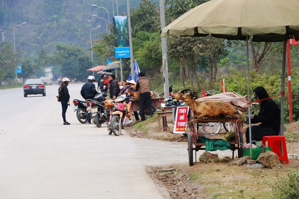 Dọc trên đường Tràng An đầy rẫy những quầy bán thịt dê di động