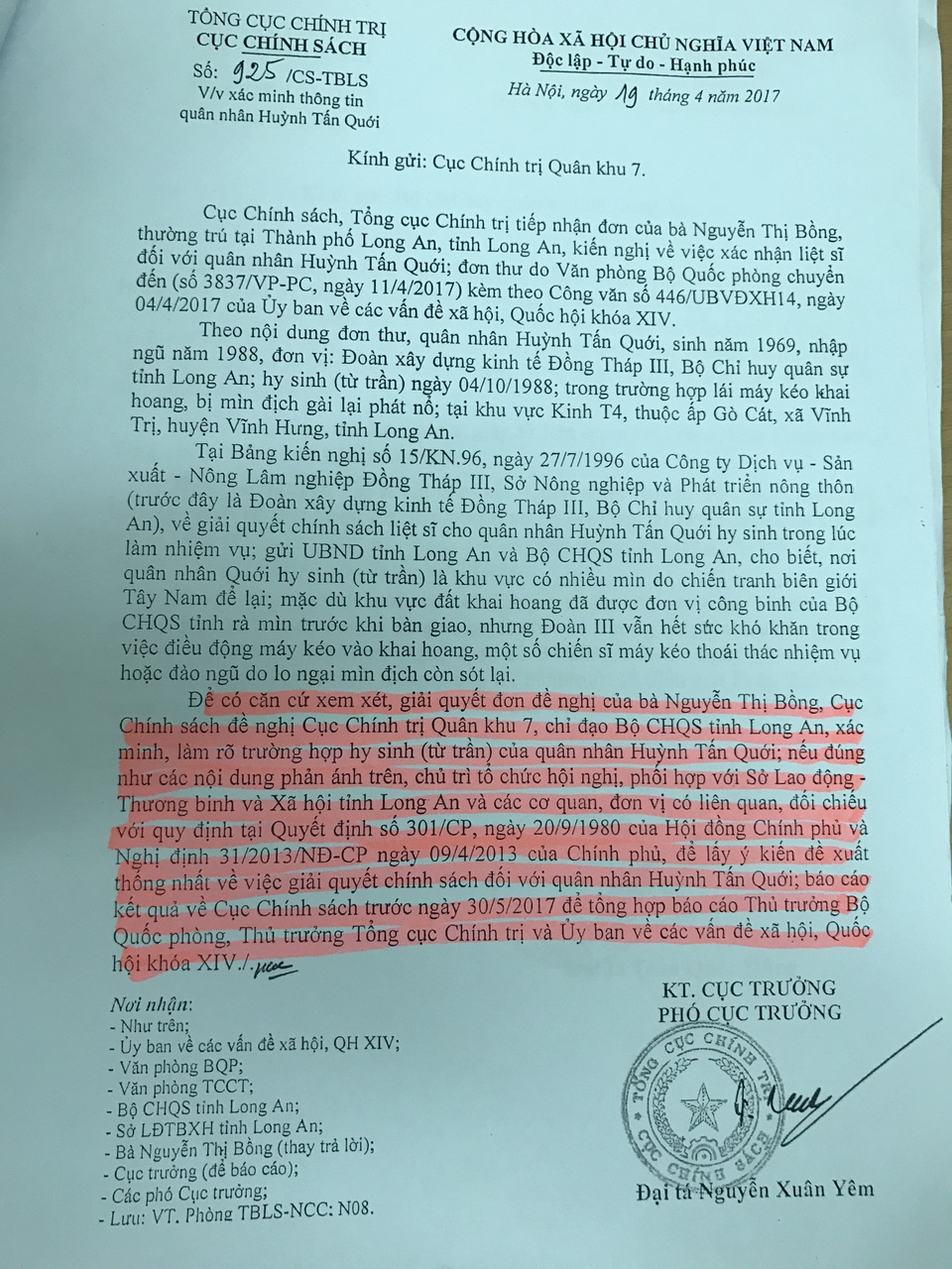 
Công văn của Cục Chính sách thuộc Tổng cục Chính trị đề nghị Cục Chính trị quân khu 7, chỉ đạo Bộ CHQS tỉnh Long An, xác minh, làm rõ trường hợp hy sinh (từ trần) của quân nhân Huỳnh Tấn Quới.

