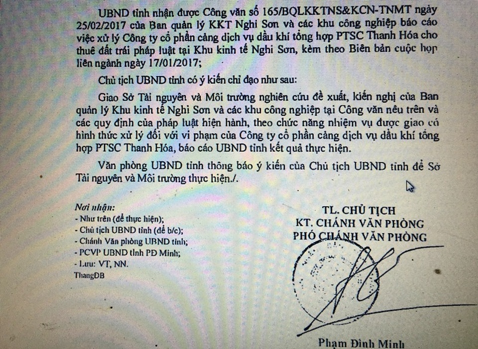 Vụ cho doanh nghiệp thuê đất trái quy định: Tỉnh đã chỉ đạo, Sở báo cáo không xử lý - 2 UBND tỉnh Thanh Hóa đã từng có công văn chỉ đạo xử lý đối với vi phạm của PTSC Thanh Hóa