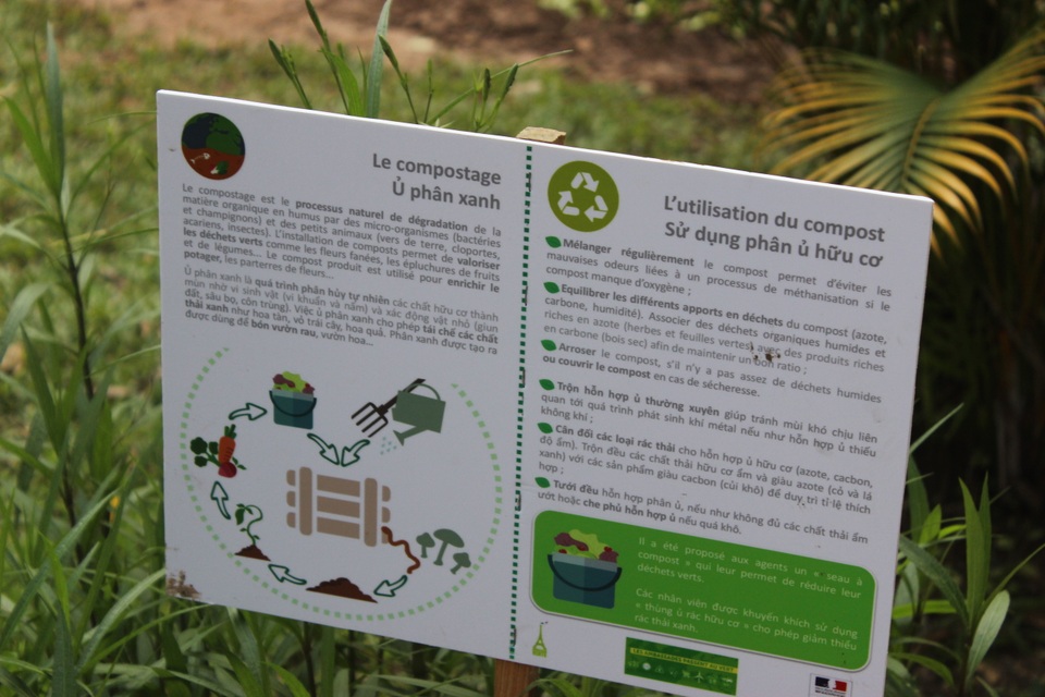 Hành trình phủ xanh Đại sứ quán Pháp tại Việt Nam - 6 Bảng chỉ dẫn khu ủ phân xanh, nơi tập trung các loại rác thải hữu cơ của Đại sứ quán nhằm cung cấp phân bón cho vườn rau (Ảnh: Thành Đạt)