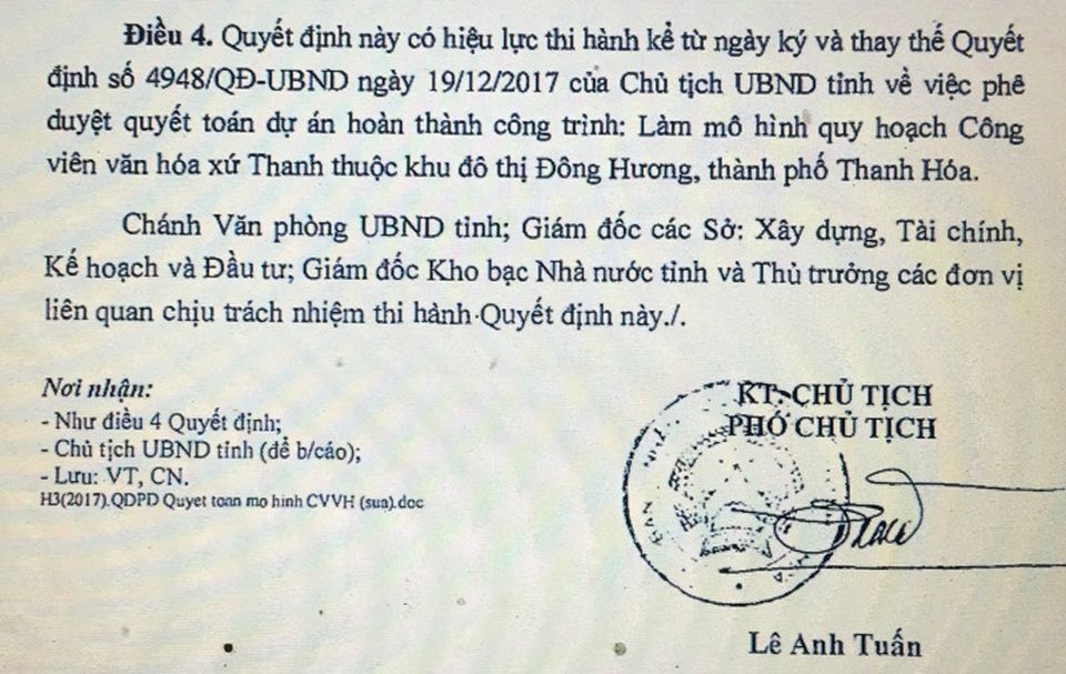 Thanh Hóa rút chữ ký của ông Ngô Văn Tuấn về dự án mô hình công viên - 6 Quyết định lần này do ông Lê Anh Tuấn - Phó chủ tịch UBND tỉnh Thanh Hóa ký