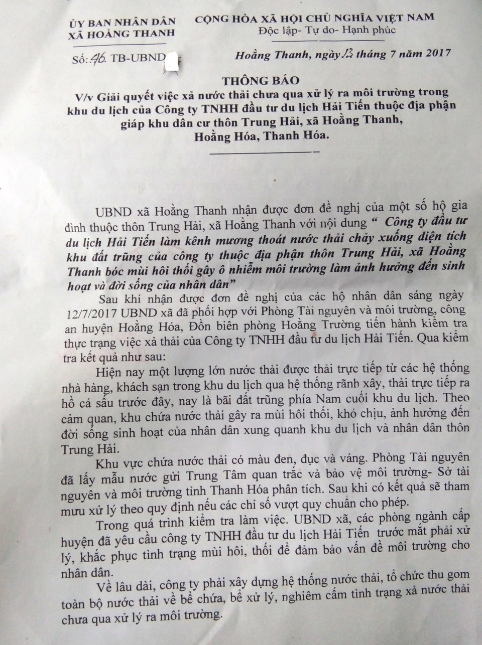 Văn bản của UBND xã Hoằng Thanh kiểm tra tình trạng nước thải