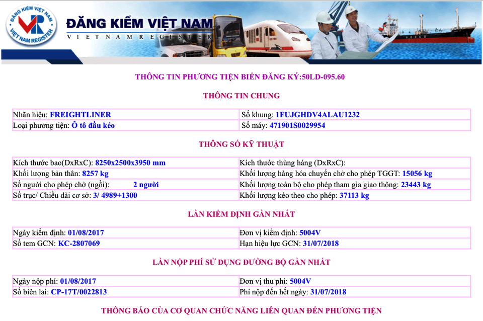 Tài xế container lái xe bằng chân: Sở GTVT và Công an TPHCM cùng vào cuộc - 3 Thông tin của Cục Đăng kiểm Việt Nam về xe đầu kéo BKS 50LD-095.60