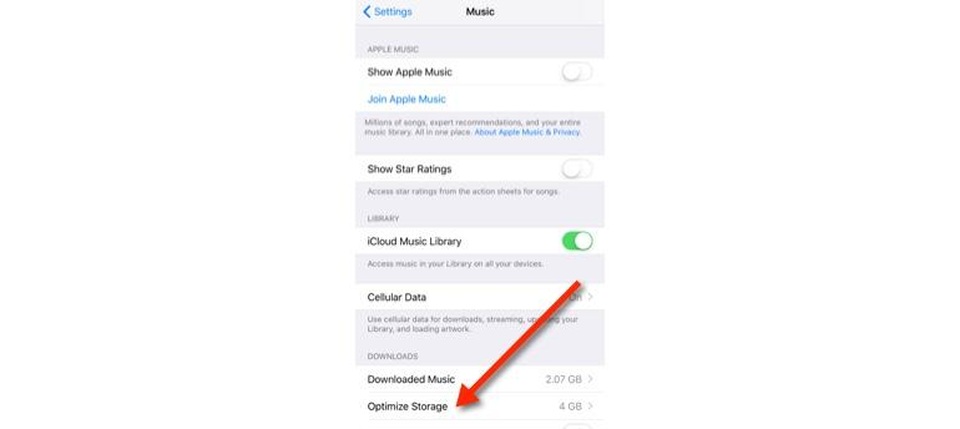 Giảm bớt nỗi lo thiếu bộ nhớ trên iPhone bằng tính năng ẩn của iOS 10 - 2 Tính năng Tối ưu hóa bộ nhớ nằm trong mục Music (Âm Nhạc)