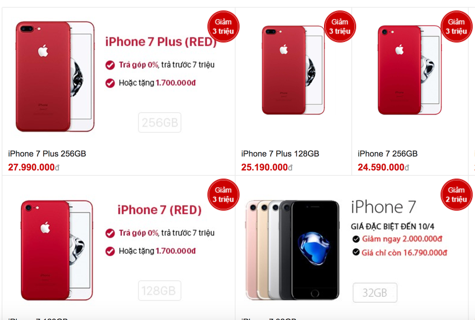 Giá iPhone giảm mạnh, khách vẫn ngó lơ - 2 iPhone 7 màu đỏ giảm mạnh