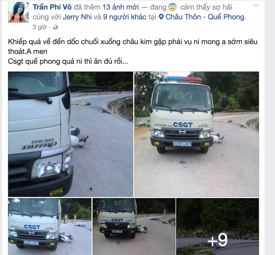 Húc vào xe CSGT, chồng tử nạn, vợ nhập viện - 3 Trang FB cá nhân Trần Phi Võ ghi lại xe máy nằm dưới gầm xe CSGT.