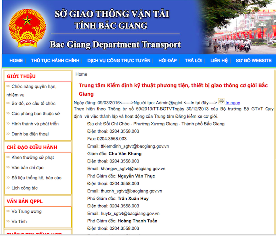 Bắc Giang: Kỷ luật hàng loạt cán bộ Sở Giao thông vận tải! - 2
Thông tin về Trung tâm kiểm định kỹ thuật phương tiện, thiết bị giao thông cơ giới Bắc Giang trên Trang thông tin của Sở GTVT Bắc Giang.