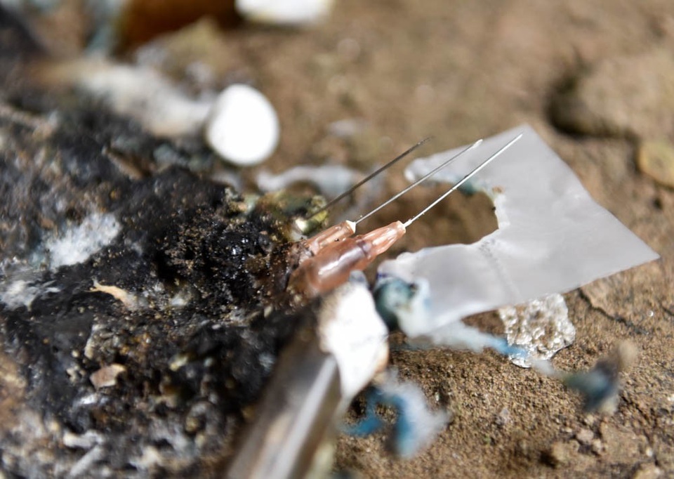 Kim tiêm ma tuý vứt đầy trong biệt thư bỏ hoang ở Hà Nội - 12 
Đầu kim tiêm dựng trên lối đi vào một căn biệt thự bị các con nghiện trưng dụng.