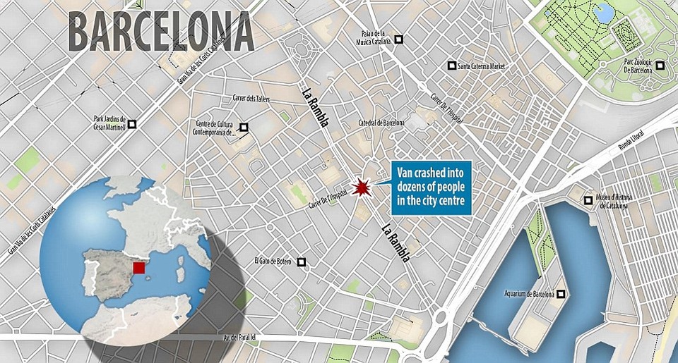 Đâm xe khủng bố ở Barcelona, ít nhất 13 người chết - 6
Vụ tấn công xảy ra ở đường La Ramblas. (Ảnh: Dailymail)