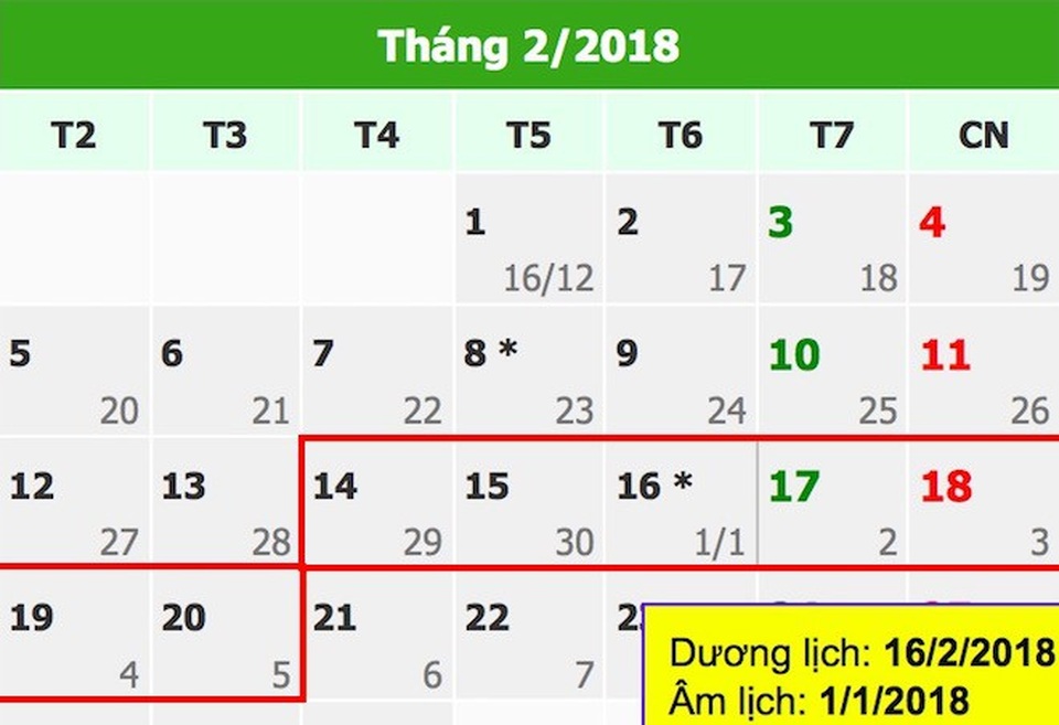 Thủ tướng chốt phương án nghỉ Tết Mậu Tuất 7 ngày - 1
Lịch nghỉ Tết nguyên đán Mậu Tuất 2018