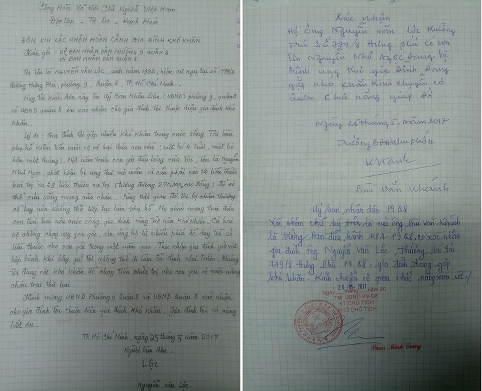 Cha bất lực nhìn con quằn quại trong cơn đau - 4
Đơn xác nhận hoàn cảnh khó khăn của gia đình anh Lộc