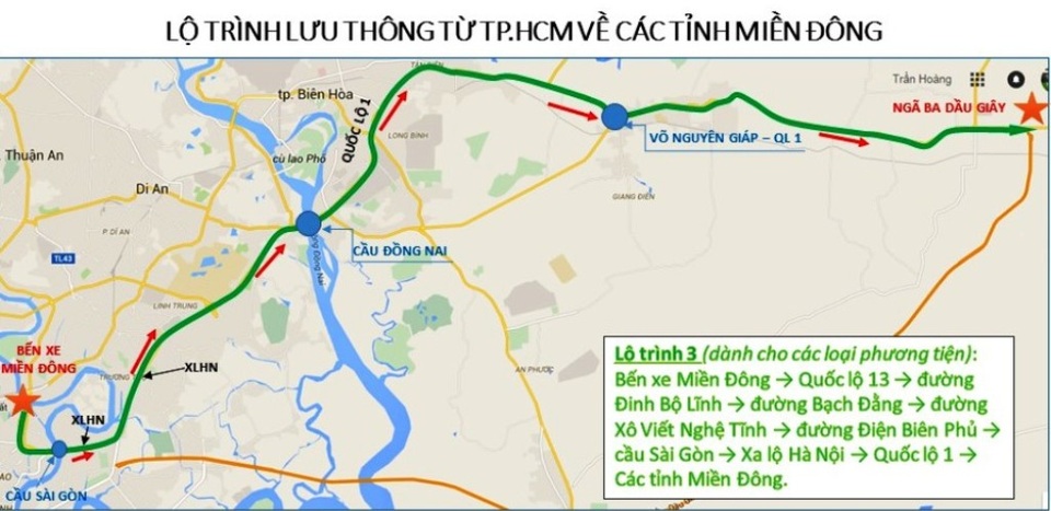 Từ TPHCM về quê ăn Tết, đi lộ trình nào để không kẹt xe? - 3 Lộ trình 3: Bến xe miền Đông -> Quốc lộ 13 -> đường Đinh Bộ Lĩnh -> đường Bạch Đằng -> đường Xô Viết Nghệ Tĩnh -> đường Điện Biên Phủ -> cầu Sài Gòn -> Xa lộ Hà Nội -> Quốc lộ 1 -> các tỉnh miền Đông.