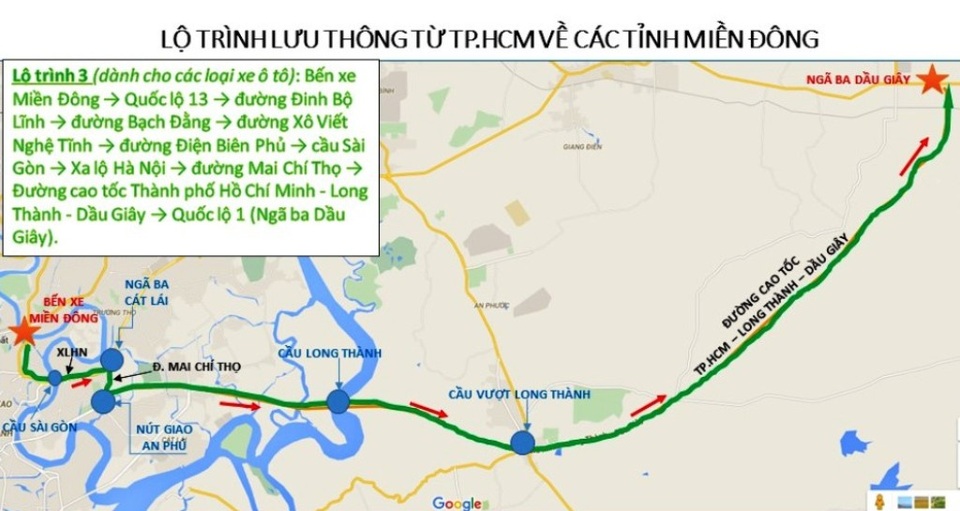 Từ TPHCM về quê ăn Tết, đi lộ trình nào để không kẹt xe? - 4 Riêng ô tô có thể đi theo lộ trình: Bến xe miền Đông -> Quốc lộ 13 -> đường Đinh Bộ Lĩnh -> đường Bạch Đằng -> đường Xô Viết Nghệ Tĩnh -> đường Điện Biên Phủ -> cầu Sài Gòn -> Xa lộ Hà Nội -> đường Mai Chí Thọ -> Đường cao tốc TPHCM - Long Thành - Dầu Giây -> Quốc lộ 1 (Ngã ba Dầu Giây).
