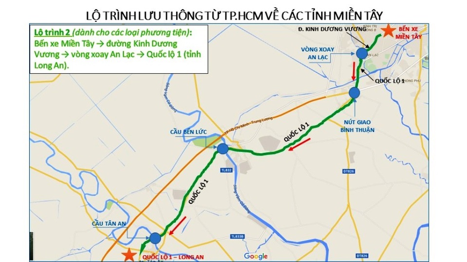 Từ TPHCM về quê ăn Tết, đi lộ trình nào để không kẹt xe? - 7 Lộ trình 2: Bến xe miền Tây -> đường Kinh Dương Vương -> vòng xoay An Lạc -> Quốc lộ 1 (tỉnh Long An).