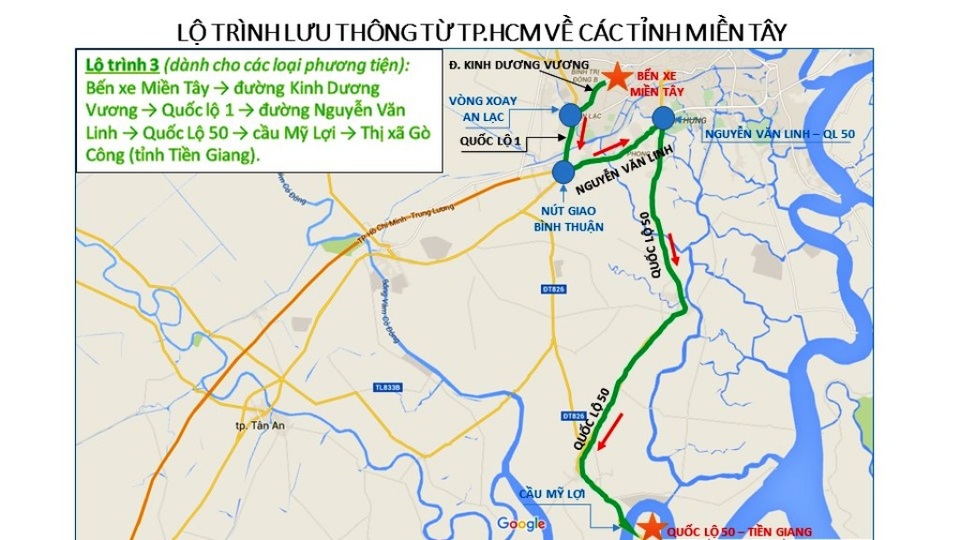Từ TPHCM về quê ăn Tết, đi lộ trình nào để không kẹt xe? - 6 Lộ trình 1: Bến xe miền Tây -> đường Kinh Dương Vương -> Quốc lộ 1 -> đường Nguyễn Văn Linh -> Quốc Lộ 50 -> cầu Mỹ Lợi -> Thị xã Gò Công (tỉnh Tiền Giang).