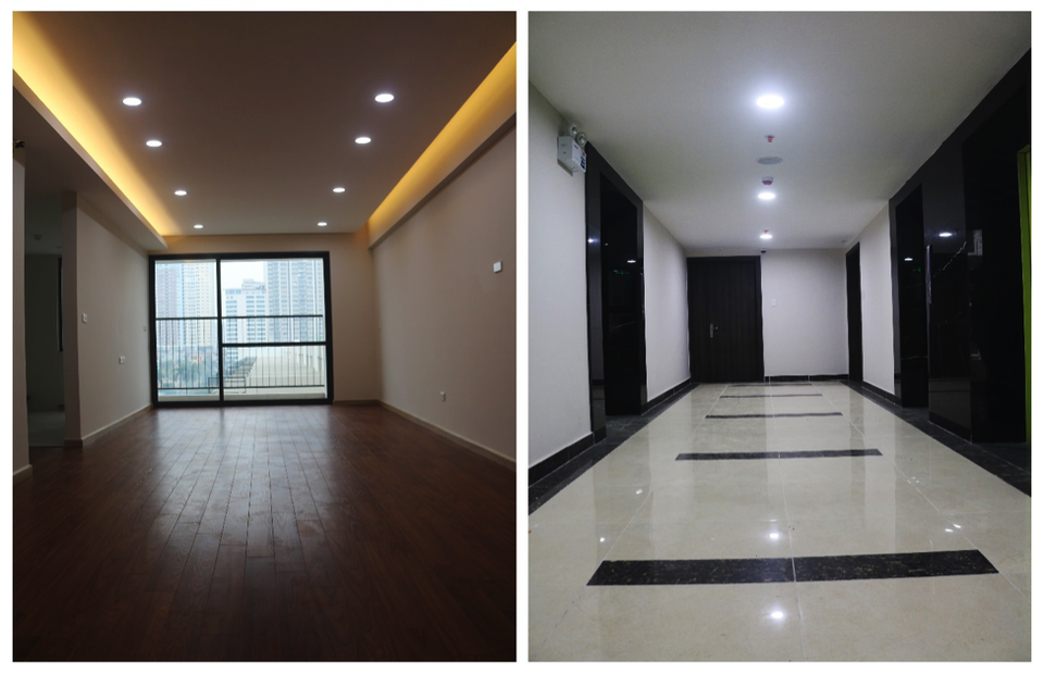 Bên trong căn hộ đã hoàn thiện. Hành lang tại các tầng đã được vệ sinh sạch sẽ.