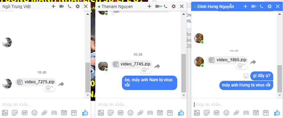 Cảnh báo mã độc phát tán rất mạnh trong cộng đồng Facebook Messenger Việt - 1 Mã độc được gửi qua dịch vụ nhắn tin của Facebook, kèm theo một file định dạng .zip nhưng mạo danh là một file video