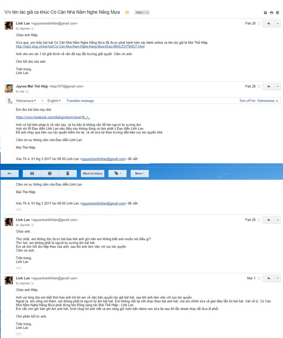 Đạo diễn phim "Có căn nhà nằm nghe nắng mưa" bị tố "ăn cắp chất xám" - 6
Email nhạc sĩ Linh Lan đề nghị quyền tác giả cùng đạo diễn Mai Thế Hiệp