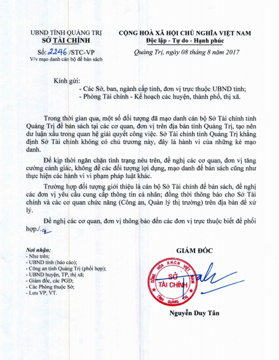 Mạo danh cán bộ cơ quan Nhà nước để bán sách lừa tiền - 1 Văn bản Sở Tài chính thông báo đến các cơ quan về việc cán bộ bị mạo danh