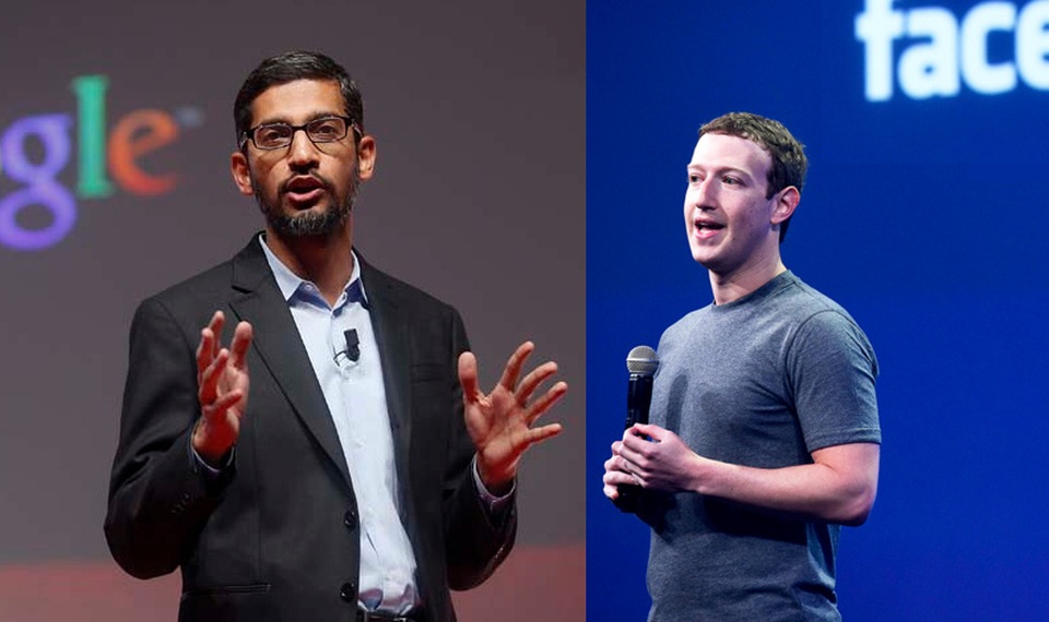 Google, Facebook sẽ khiến người giàu càng giàu hơn? - 1 Ông Sundar Pichai, CEO Google và Mark Zuckerberg, CEO Facebook. (Nguồn: Techfactslive.com)