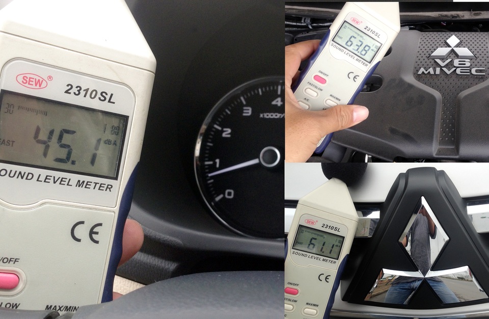 
Mitsubishi Pajero Sport mới có độ cách âm khá tốt, độ ồn ở chế độ không tải (tốc độ động cơ 800 vòng/phút) đo ở các vị trí trong khoang lái, trước mũi xe và trong khoang động cơ.
