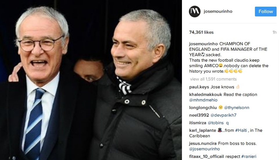 HLV Mourinho tri ân Ranieri sau khi người đồng nghiệp bị sa thải