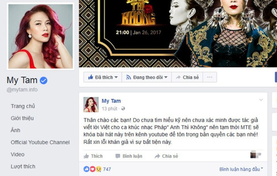 Ngay sau khi thông tin này đưa ra, Mỹ Tâm chỉ lên tiếng duy nhất trên trang fanpage của mình để xin lỗi khán giả và thông báo gỡ bỏ MV khỏi youtube. Ngoài ra, Mỹ Tâm không lên tiếng thêm lần nào về sự việc này.