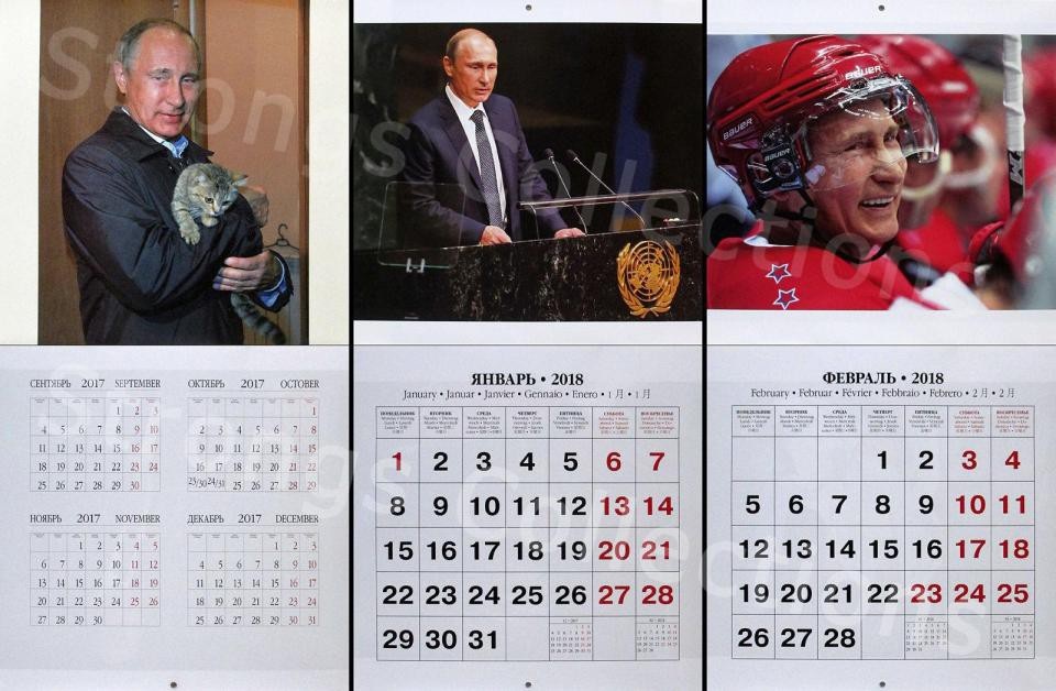 Tổng thống Putin cá tính trong ảnh lịch 2018 - 2 Trong tờ lịch in những tháng cuối năm 2017, Tổng thống Putin được nhìn thấy ôm một con mèo. Tiếp đó, tờ lịch tháng 1 và tháng 2 in hình ảnh nhà lãnh đạo Nga phát biểu tại Liên Hợp Quốc và chơi khúc côn cầu trên băng.