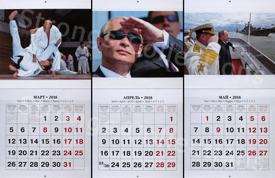 Tổng thống Putin cá tính trong ảnh lịch 2018 - 3 Tờ lịch tháng 3, tháng 4, tháng 5 lần lượt in hình Tổng thống Putin tập judo - môn thể thao yêu thích của ông, hình ông đeo kính đen và đứng trên tàu chiến cùng tướng lĩnh quân đội.
