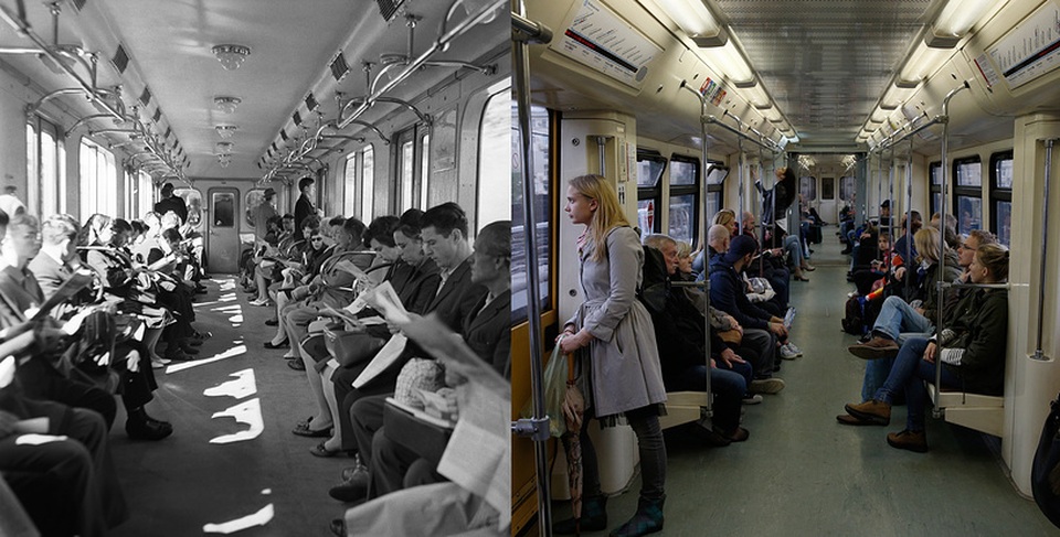 Vẻ đẹp từ quá khứ tới hiện tại của “trái tim” nước Nga - 4 Các hành khách đi tàu điện ngầm ở Moscow năm 1990 (trái) và năm 2017.