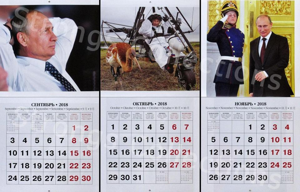 Tổng thống Putin cá tính trong ảnh lịch 2018 - 5 Hình ảnh Tổng thống Putin ngồi trầm ngâm xuất hiện trên tờ lịch tháng 9. Tiếp đó là ảnh ông ngồi trên dù lượn, cạnh một con sếu trên tờ lịch tháng 10. Tờ lịch tháng 11 là hình ảnh quen thuộc của nhà lãnh đạo Nga khi ông sải bước tại Điện Kremlin.