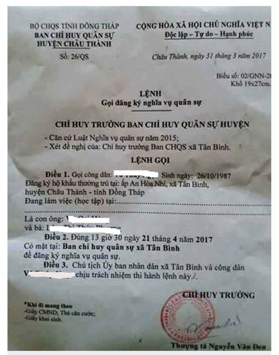 
Văn bản được cho là Lệnh gọi đăng ký nghĩa vụ của BCH quân sự huyện Châu Thành gọi chi Ng. đăng ký nghĩa vụ quân sự, được lan truyền trên mạng xã hội.
