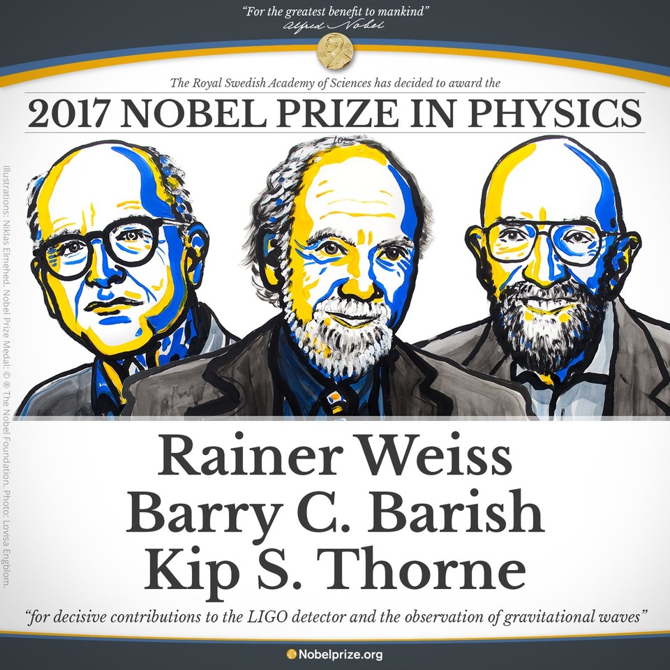 Nobel Vật lý 2017 vinh danh 3 nhà khoa học - 1 3 nhà khoa học Rainer Weiss, Barry C. Barish và Kip S. Thorne nhận giải Nobel Vật lý 2017 (Ảnh: Nobel Twitter)