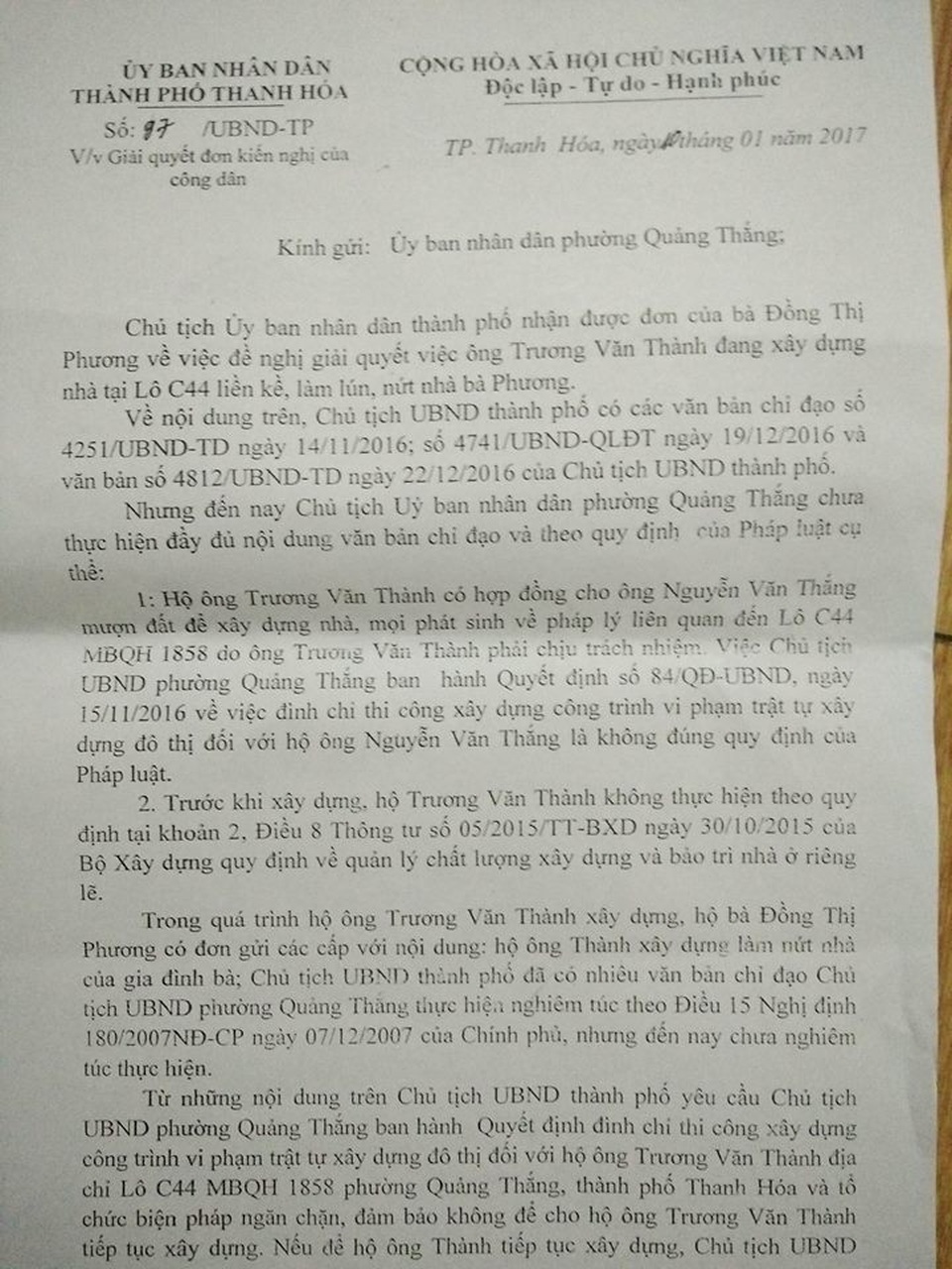 Công văn của UBND TP yêu cầu Phường Quảng Thắng đình chỉ thi công công trình hộ ông Thành