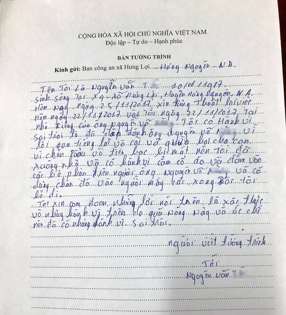 Vụ bố bị con trai đánh bầm dập, gãy xương sườn: Định mang xăng đốt bố? - 5 Bản tường trình của Nguyễn Văn T. gửi công an xã Hưng Lợi.