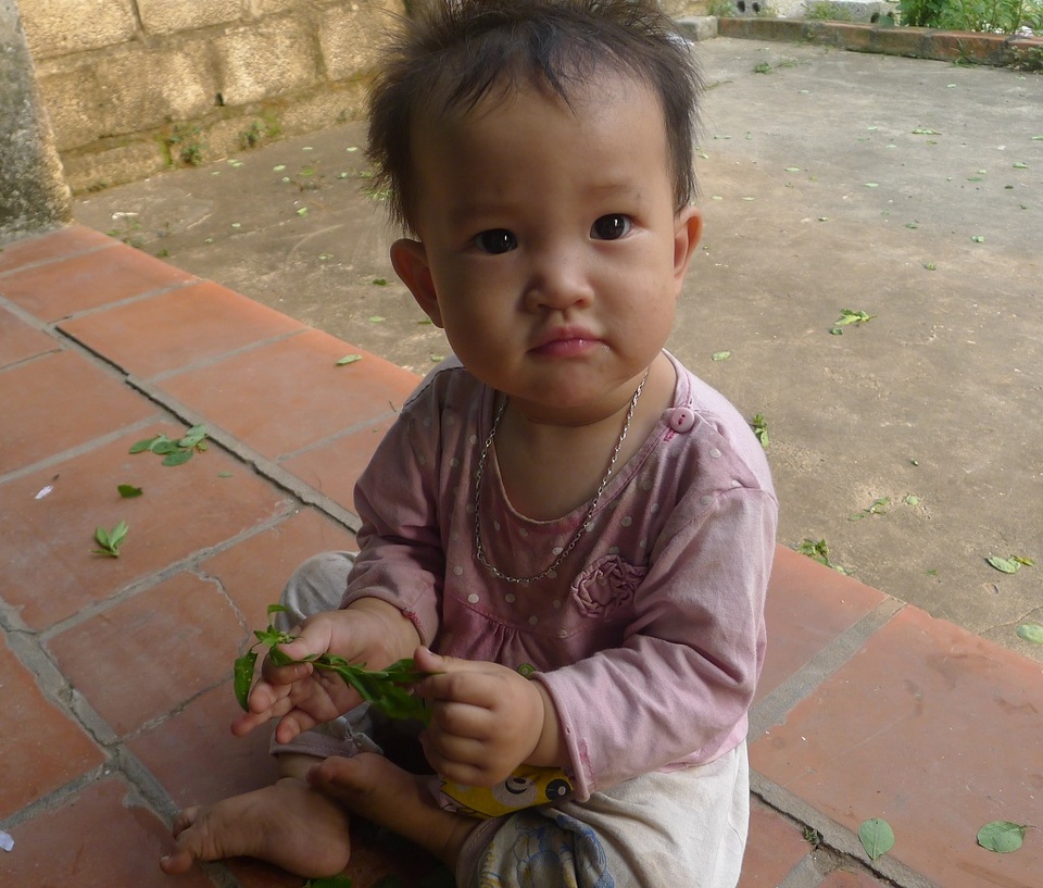 Quặn lòng mẹ bị ung thư giai đoạn cuối ôm con 10 tháng tuổi khóc lả vì khát sữa - 3 Bé Ngọc Mai 10 tháng tuổi bò lăn lê ngoài hè chơi và nhặt lá ăn.