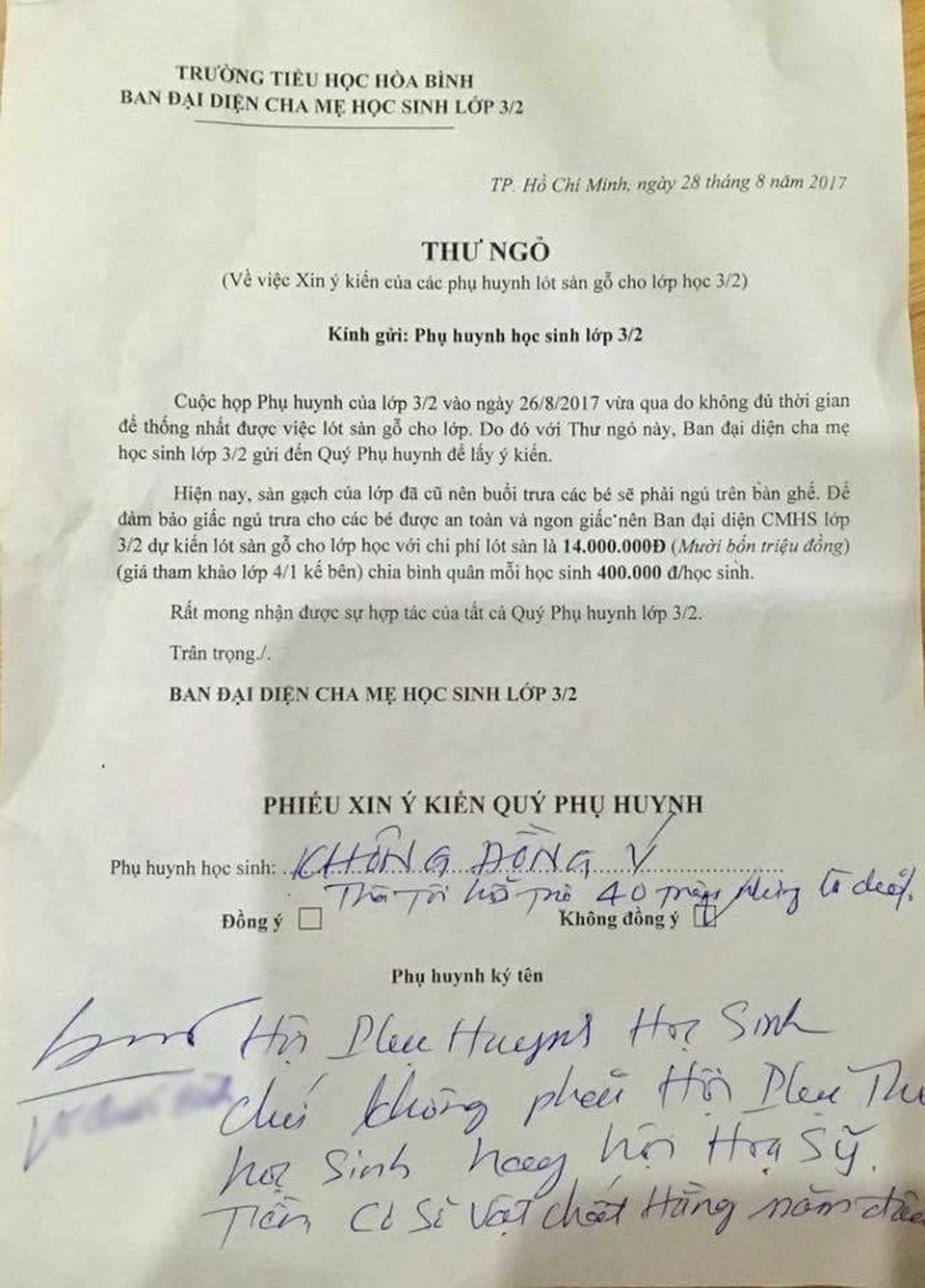 Phụ huynh TPHCM đáp trả: “Hội phụ huynh không phải hội phụ thu” - 1 Phụ huynh trả lời Không đồng ý khi Ban đại diện đề xuất đóng tiền lót sàn gỗ cho lớp.