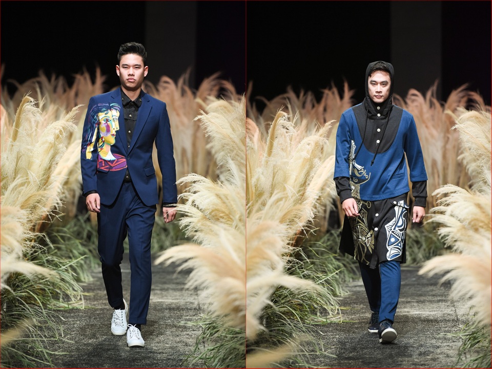 Phong Lan - Tiến Dũng bạo tay trên chất liệu giả gia, những chân dung mang tính lập thể tập trung cho veston nam, với phom dáng của những chiếc blazer thanh lịch.